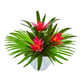 14" Artificial Bromeliad Arrangement in Oval White Vase - Low Maintenance, Life-Like & Vibrant Silk Flowers For Busy People.