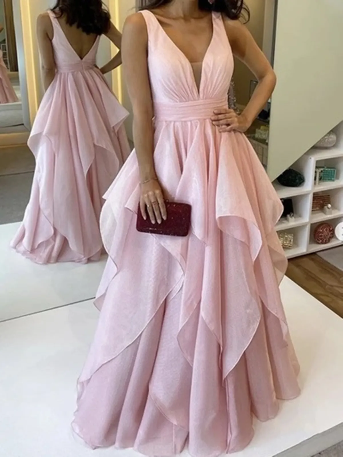 A Line V Neck Pink Long Prom Dresses, V Neck Pink Long Formal Evening Dresses