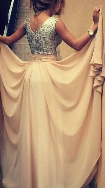 A line V-neck Sequins Champagne Prom Dress