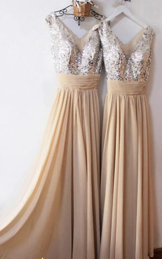 A line V-neck Sequins Champagne Prom Dress