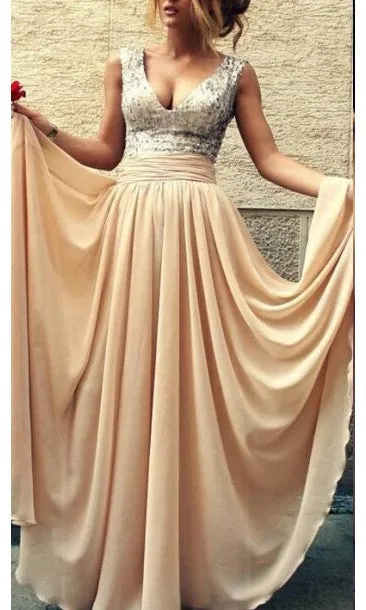 A line V-neck Sequins Champagne Prom Dress