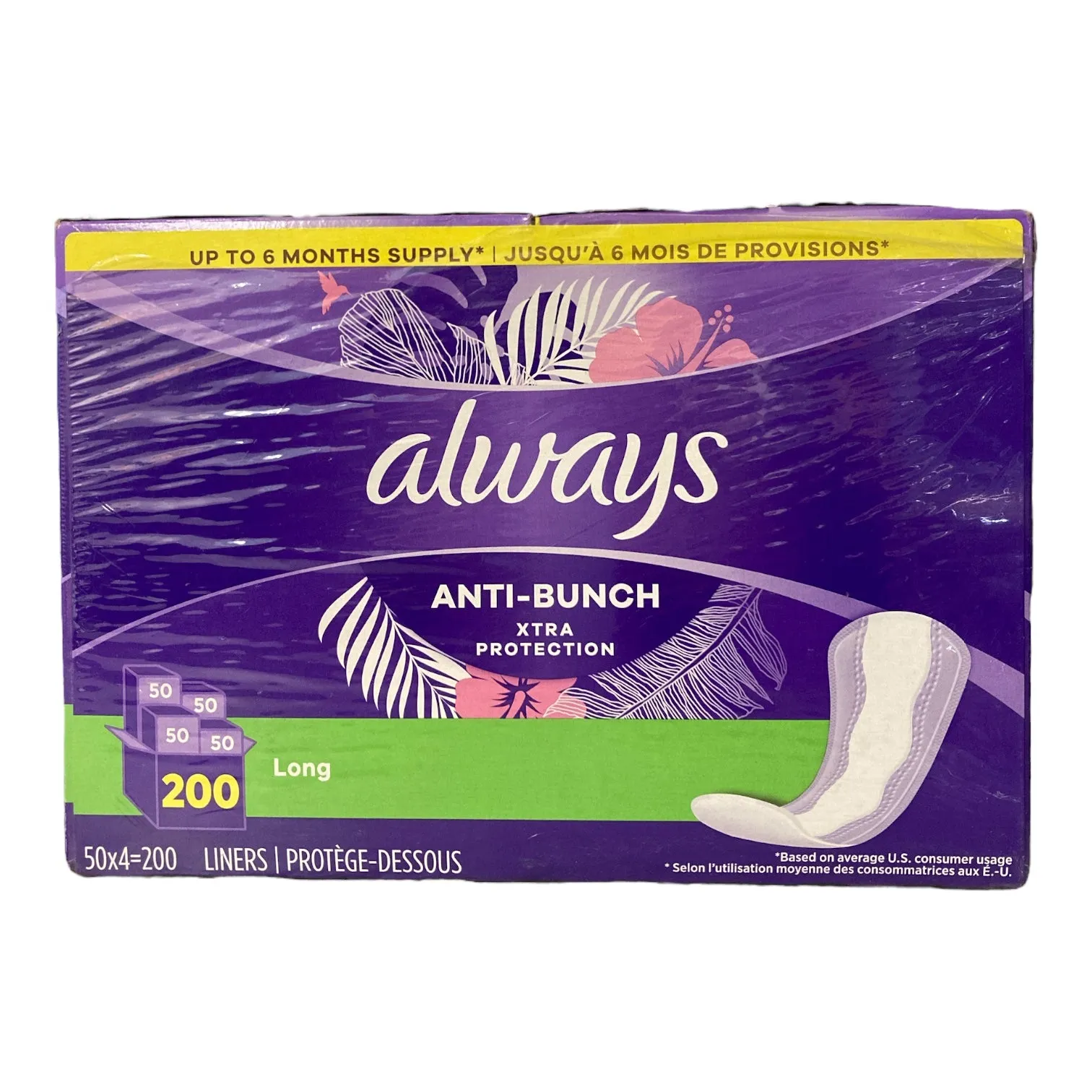 Always Anti-Bunch Xtra Protection Liners, Long 200Ct