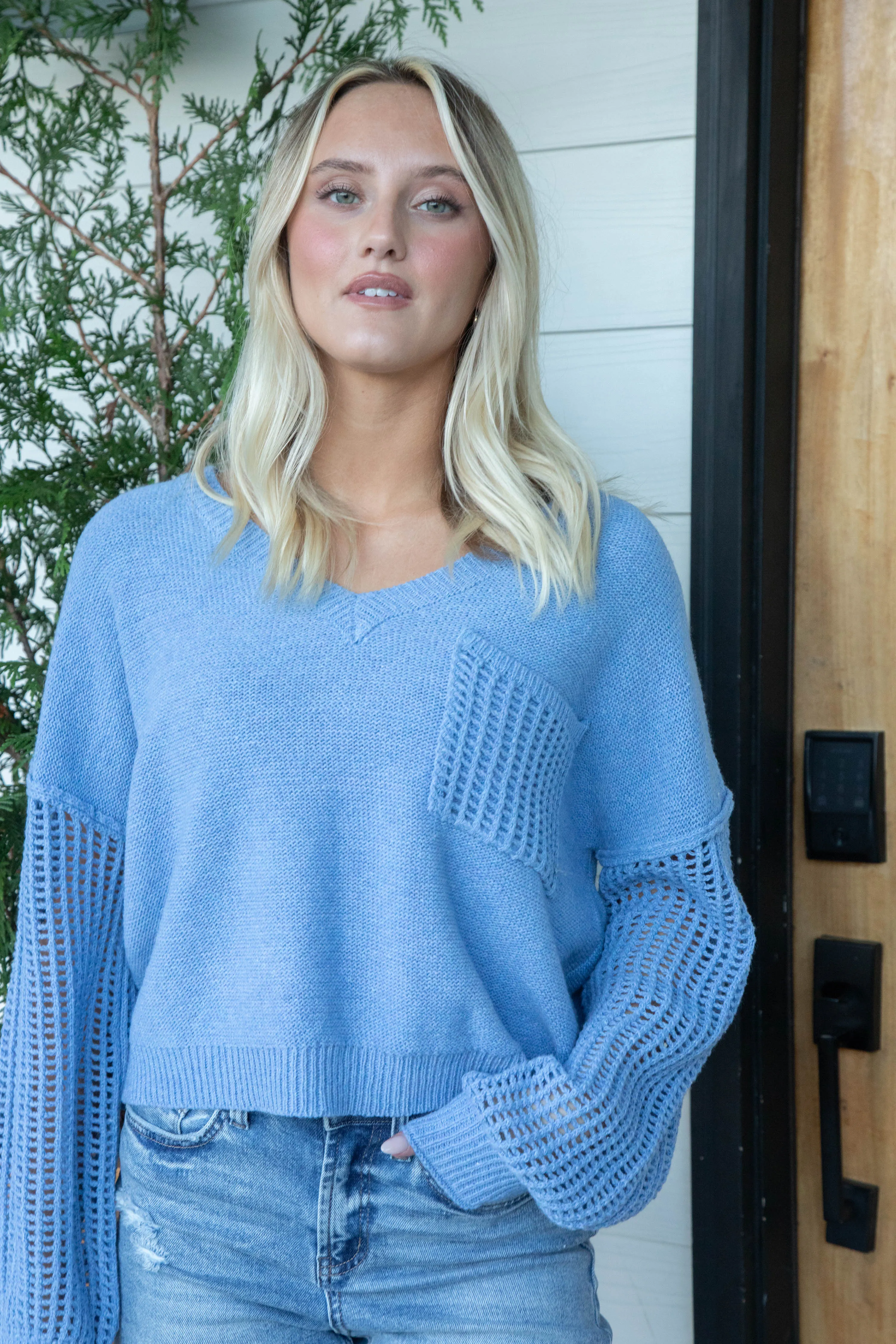 Ariah Open Knit Detail V-Neck Sweater, Denim