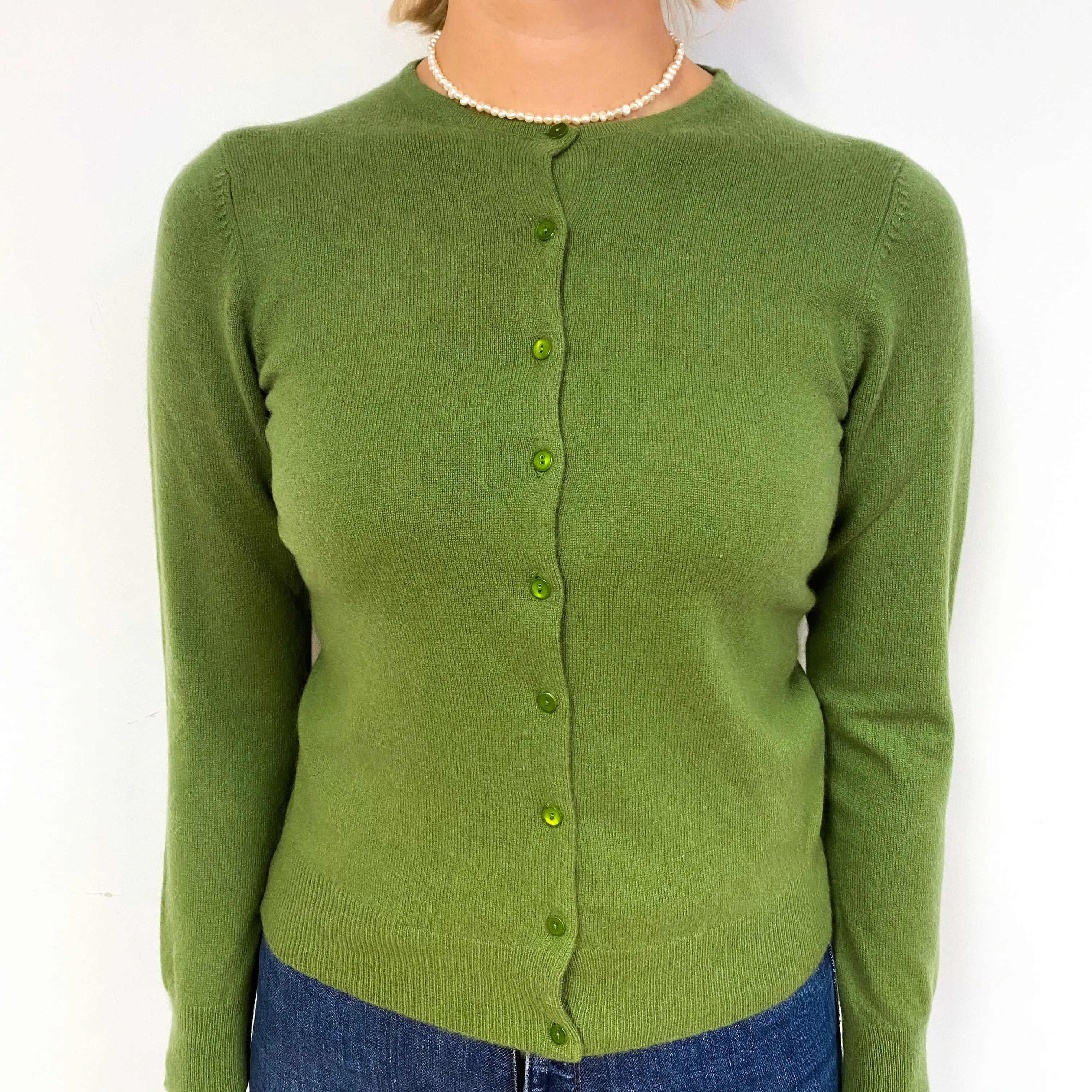 Basil Green Cashmere Crew Neck Cardigan Small