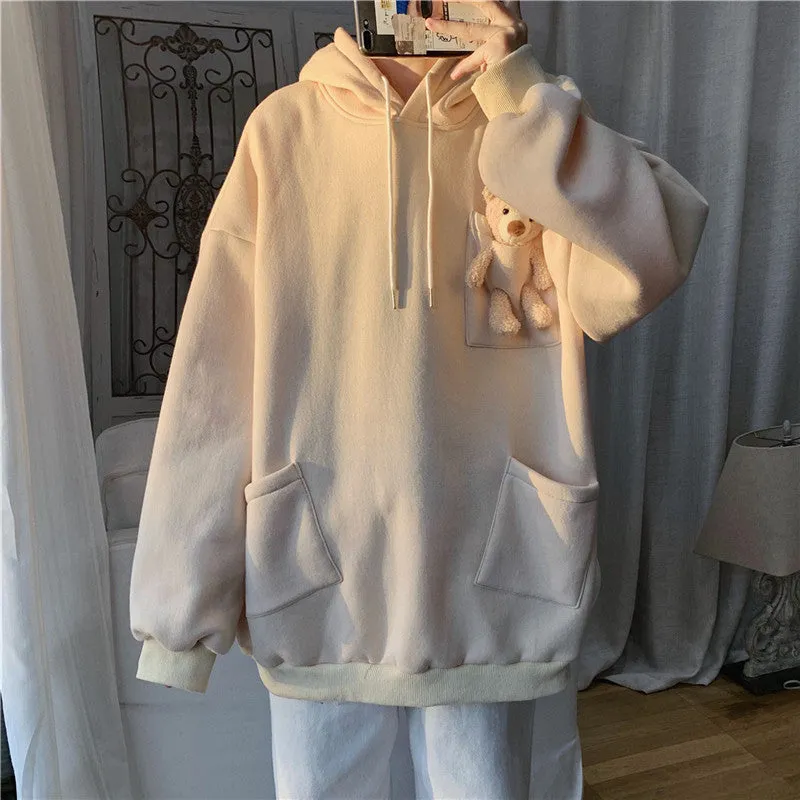 Bear decoration loose plus velvet padded hoodie