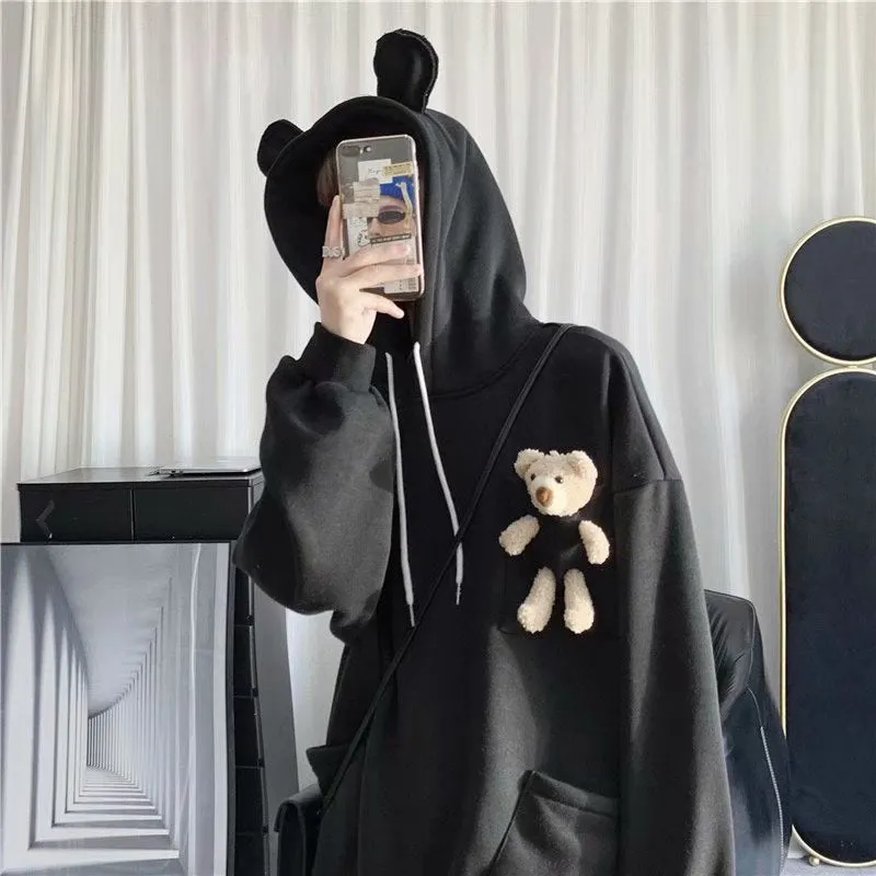 Bear decoration loose plus velvet padded hoodie