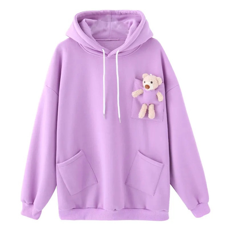 Bear decoration loose plus velvet padded hoodie