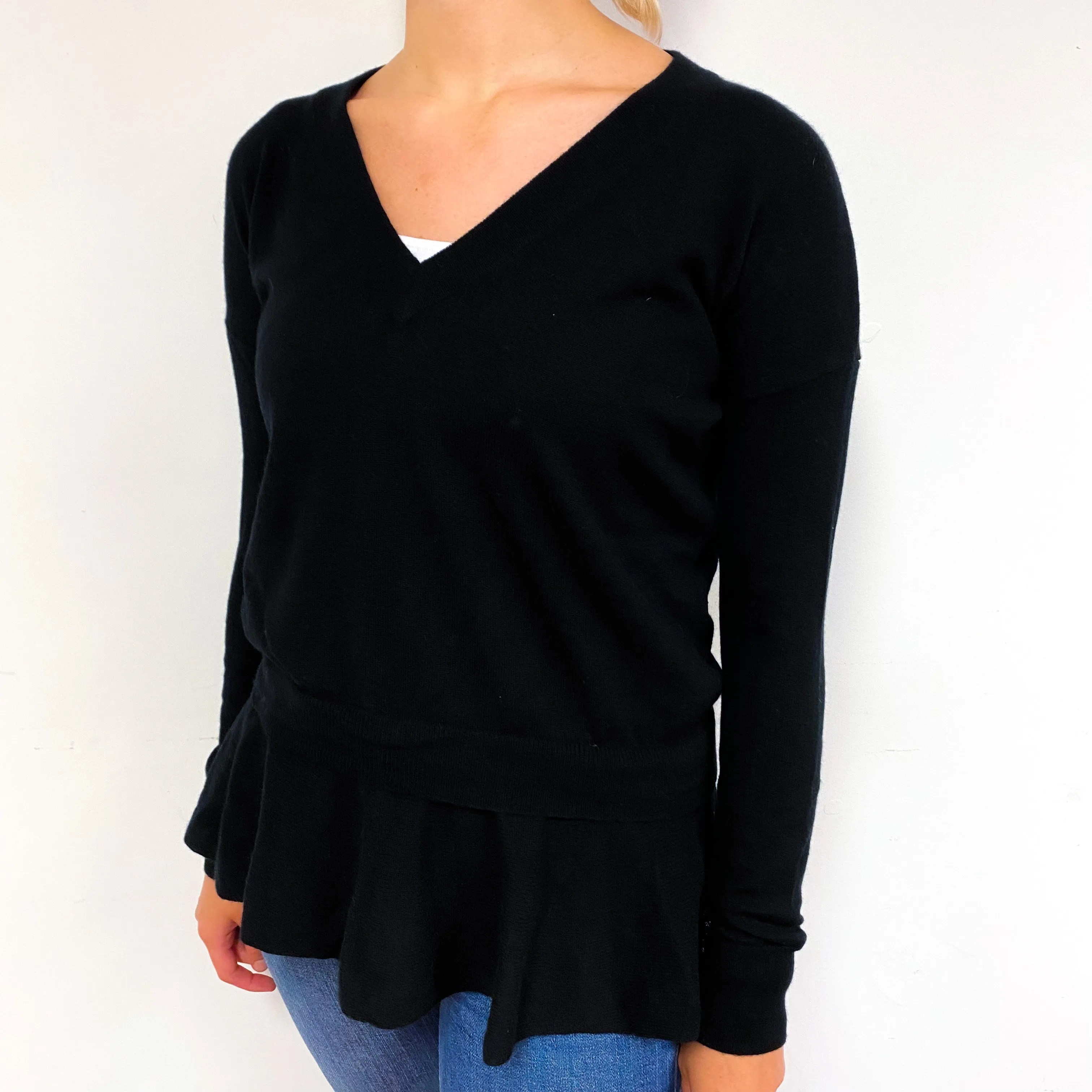 Black Frill Hem Cashmere V-Neck Jumper Small