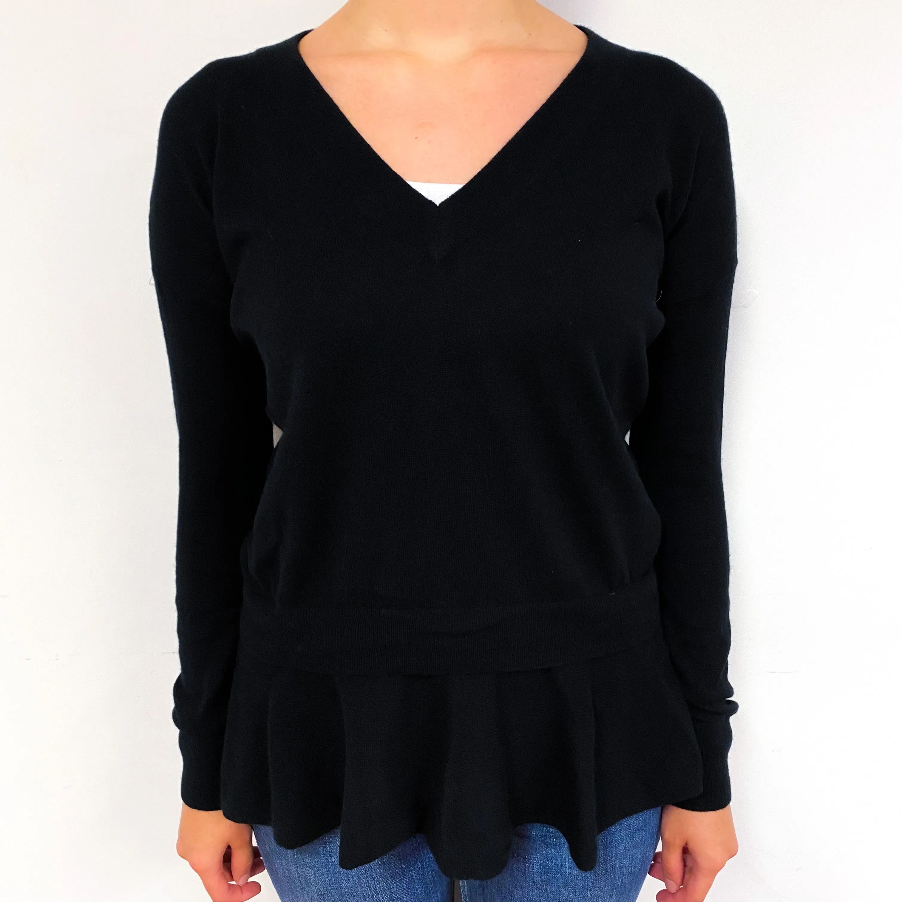 Black Frill Hem Cashmere V-Neck Jumper Small