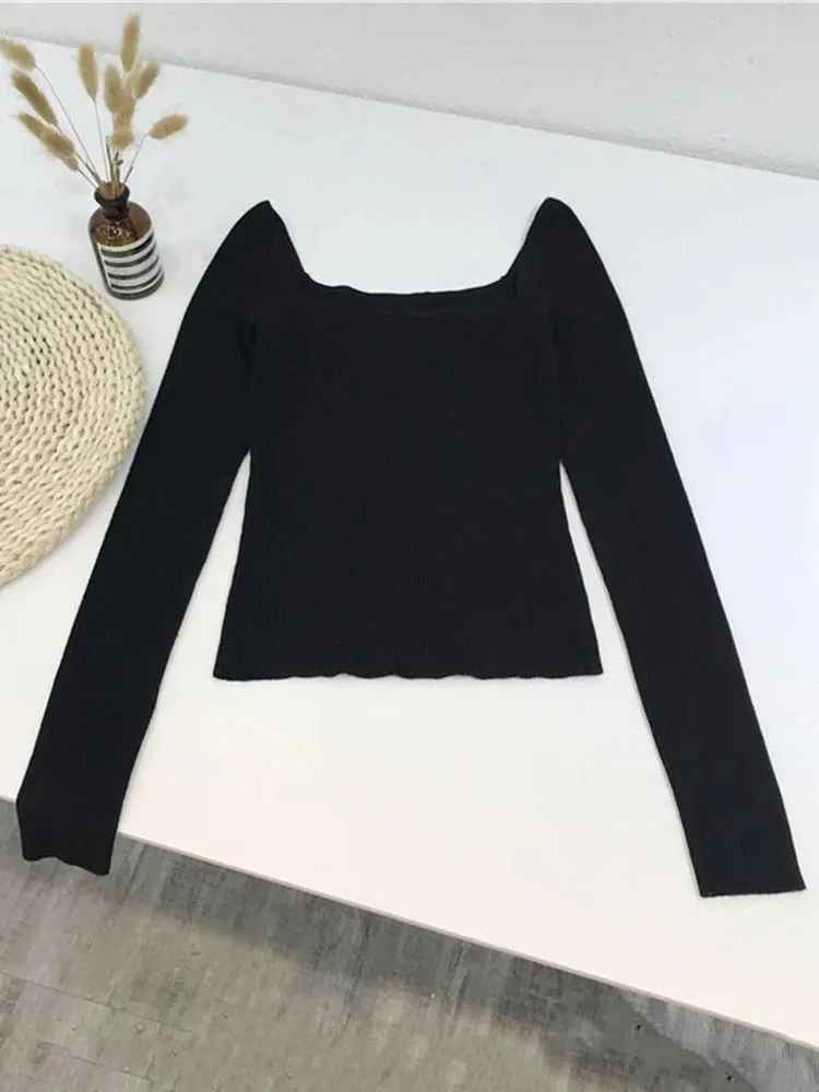 Black Office Lady Elegant Scoop Neck Long Sleeve Solid Mercerized Cotton Pullovers Tee 2023 Casual Women Y2K T-Shirt B-026