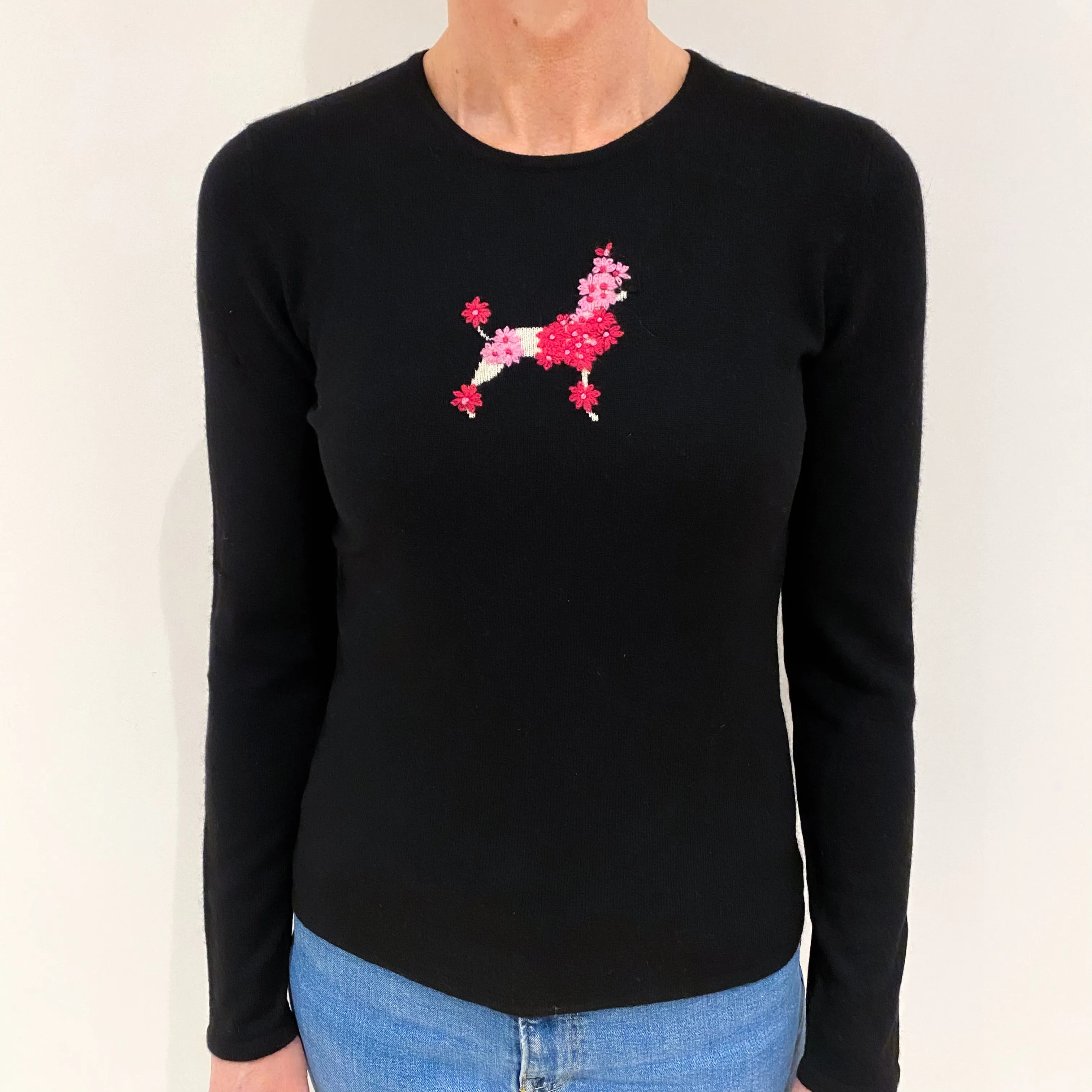 Black Pink Poodle Cashmere Crew Neck Jumper Small