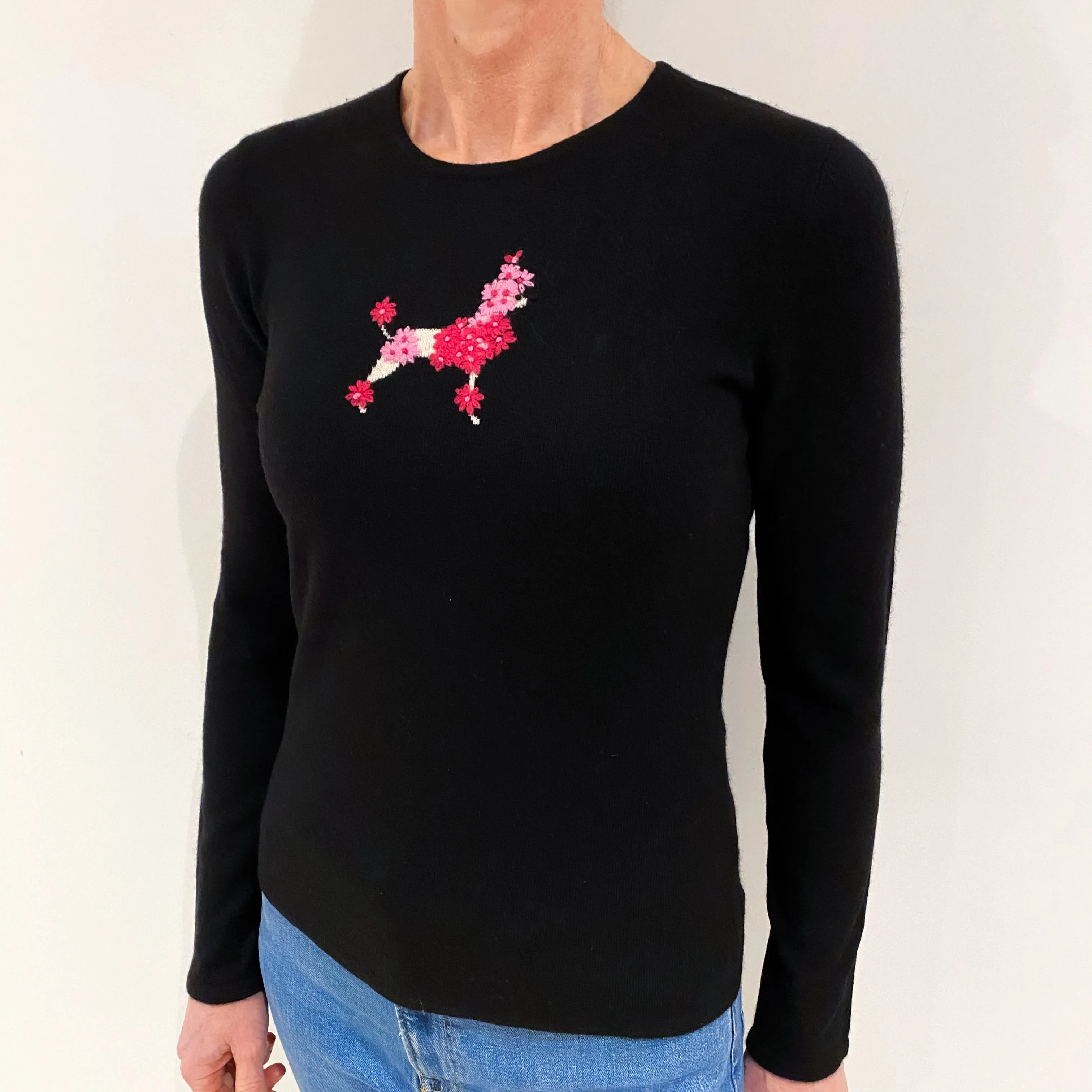 Black Pink Poodle Cashmere Crew Neck Jumper Small