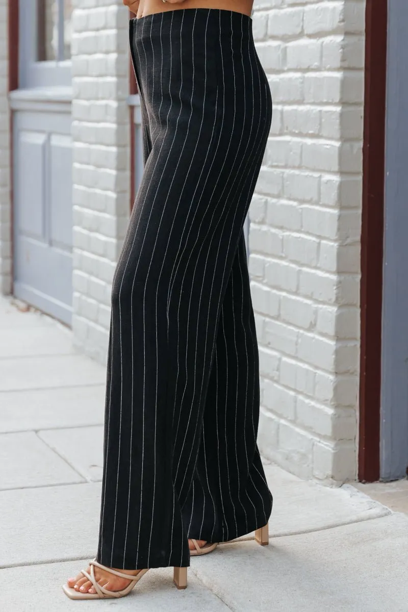 Black Pinstripe Low Rise Linen Pants - FINAL SALE