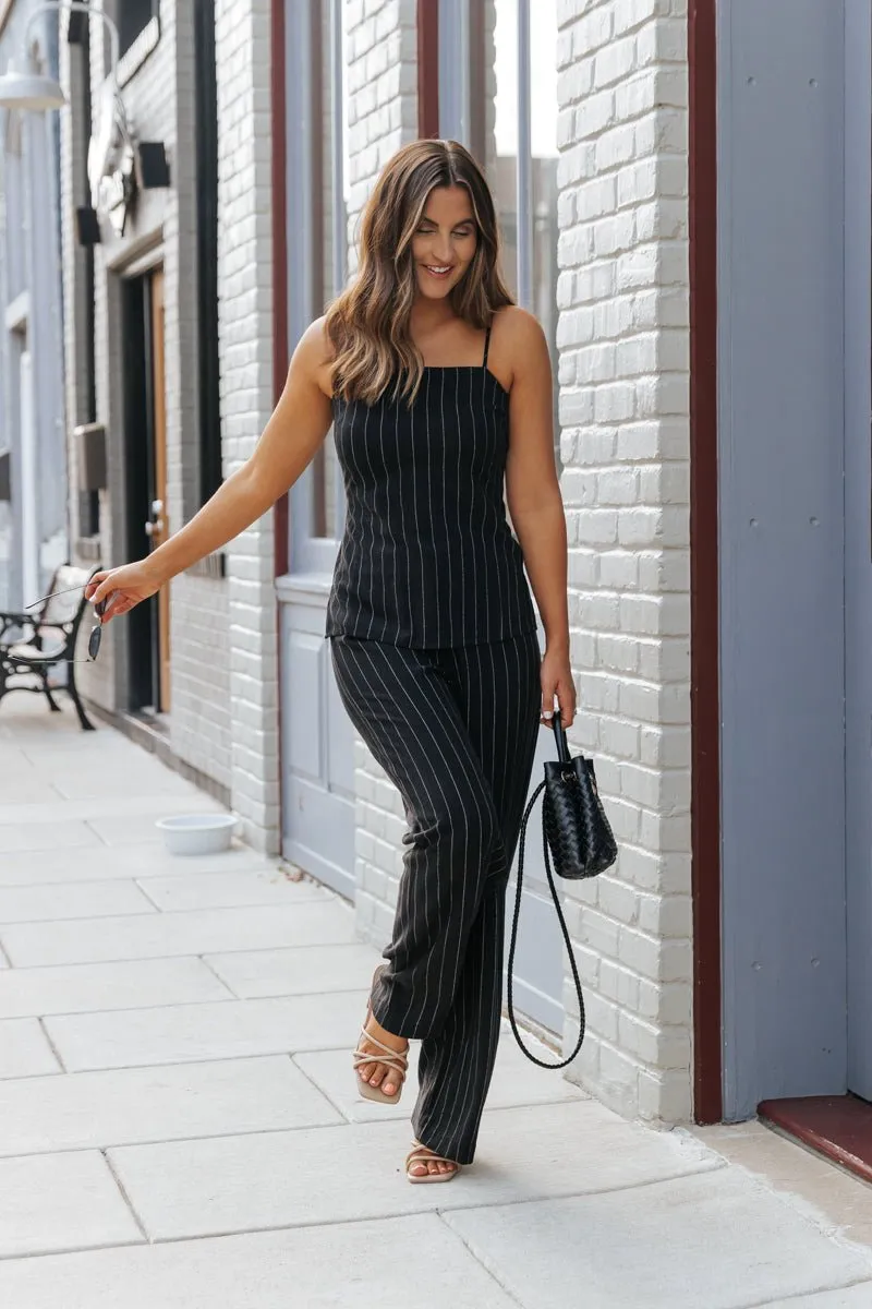 Black Pinstripe Low Rise Linen Pants - FINAL SALE