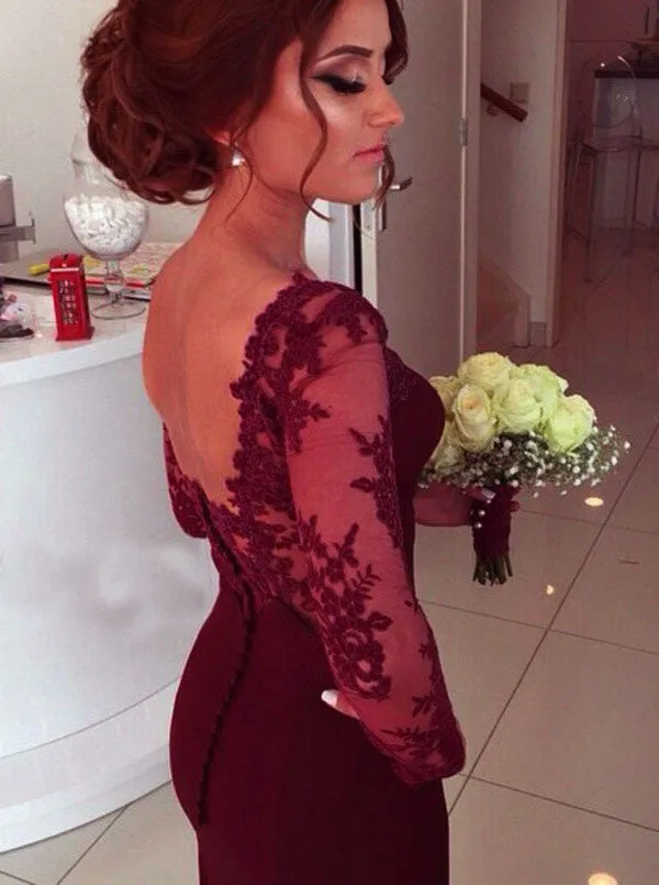 Burgundy Mermaid Queen Anne Long Formal Dress with Lace Long Sleeves