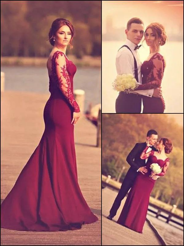 Burgundy Mermaid Queen Anne Long Formal Dress with Lace Long Sleeves