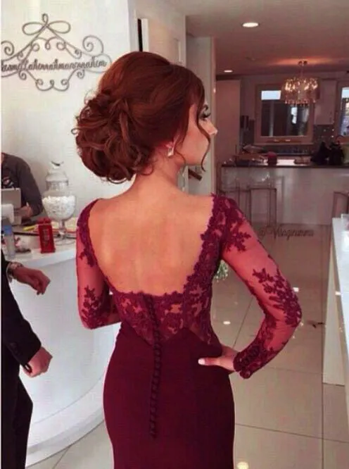 Burgundy Mermaid Queen Anne Long Formal Dress with Lace Long Sleeves