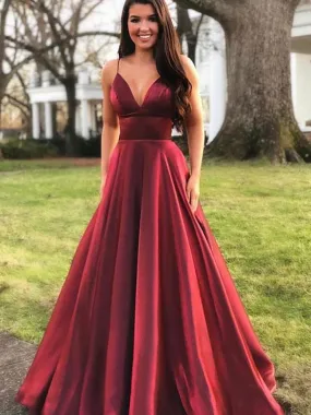 Burgundy v neck satin long prom dress, Burgundy v neck satin long formal evening dress