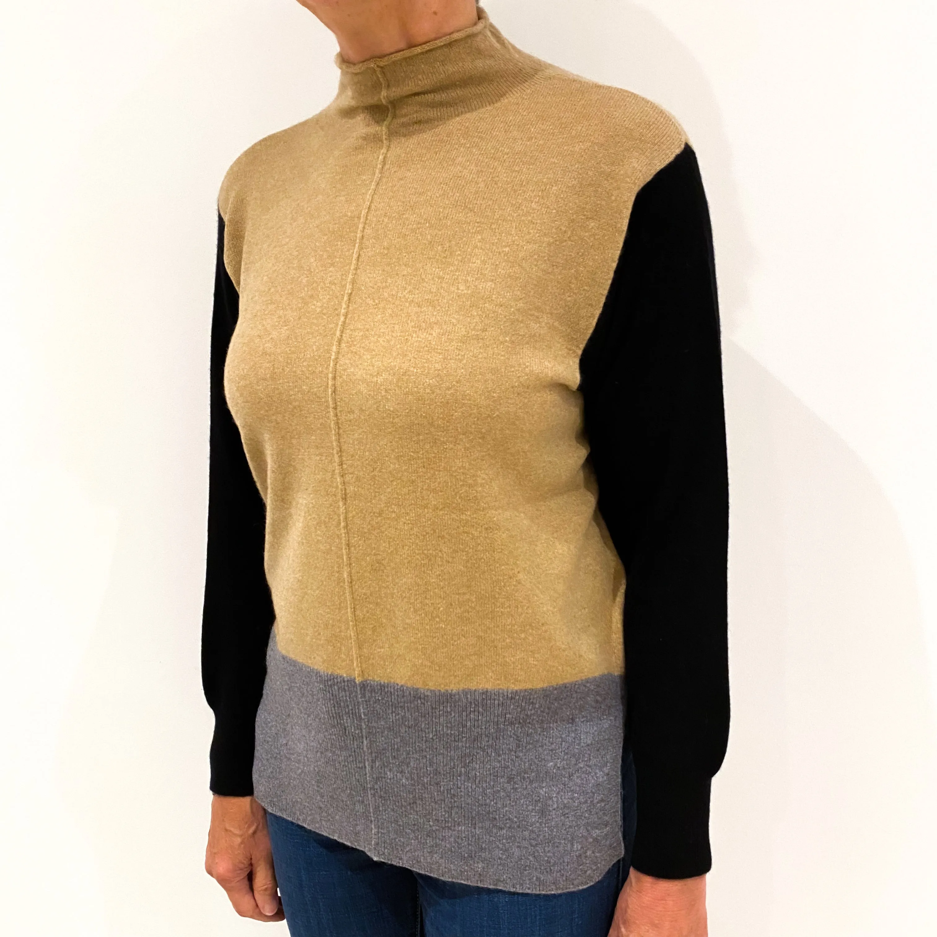 Caramel, Grey and Black Colour Block Cashmere Funnel Neck Jumper Medium