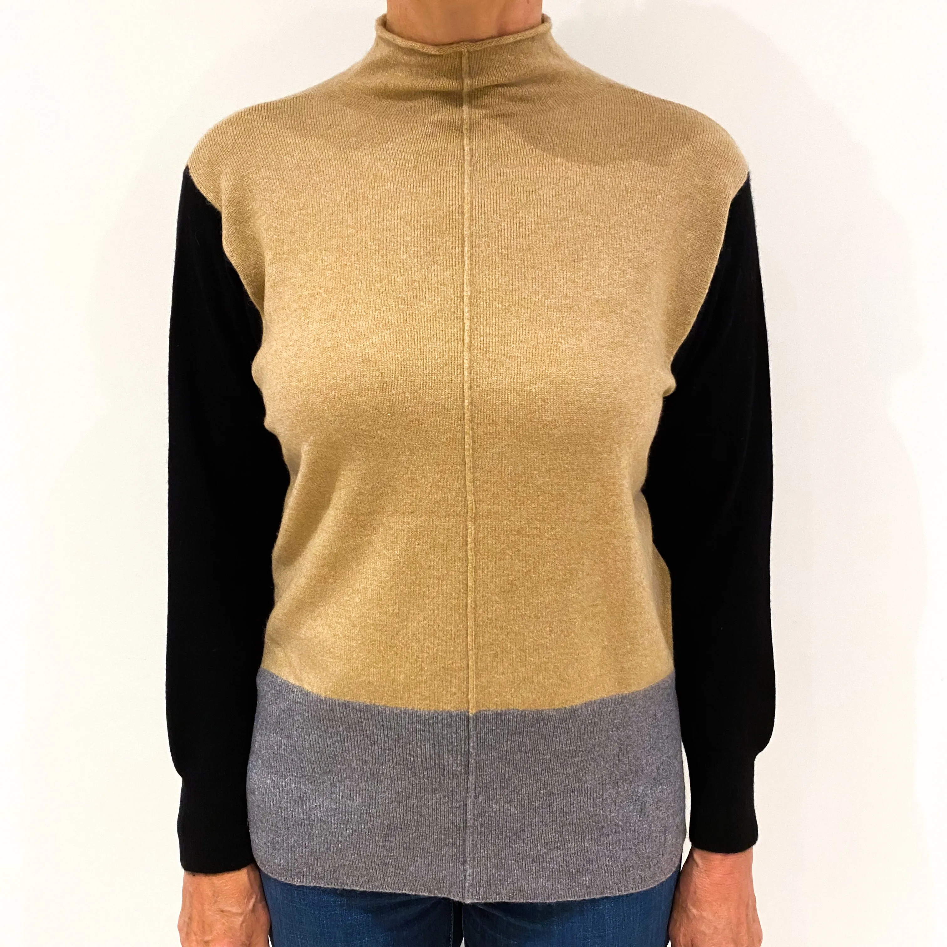 Caramel, Grey and Black Colour Block Cashmere Funnel Neck Jumper Medium