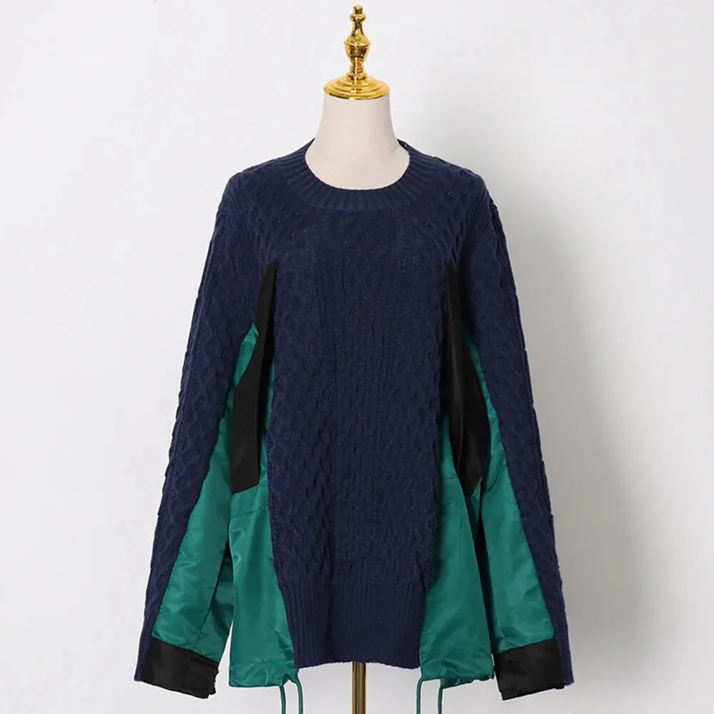 Casual Knitting Sweater For Women Round Neck Long Sleeve Patchwork Colorblock Loose Pullover Female Clothing Autumn