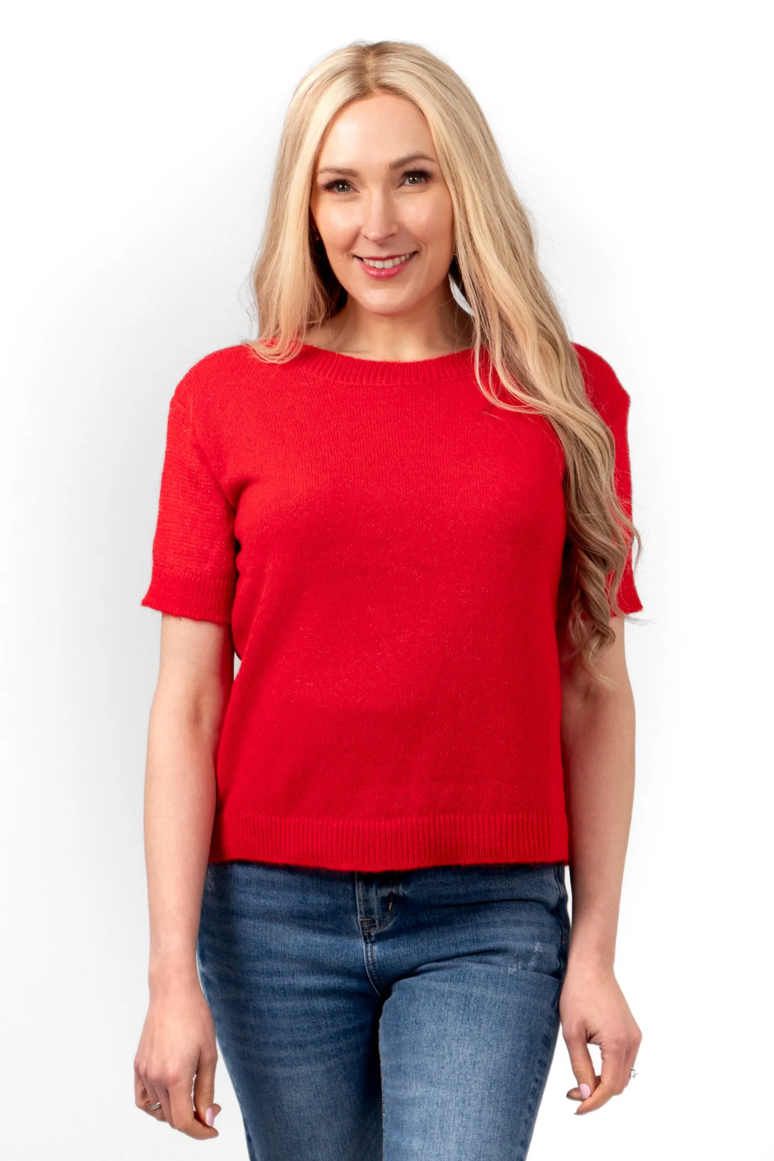 Cece Wool Blend Short Sleeve Box Jumper - Red