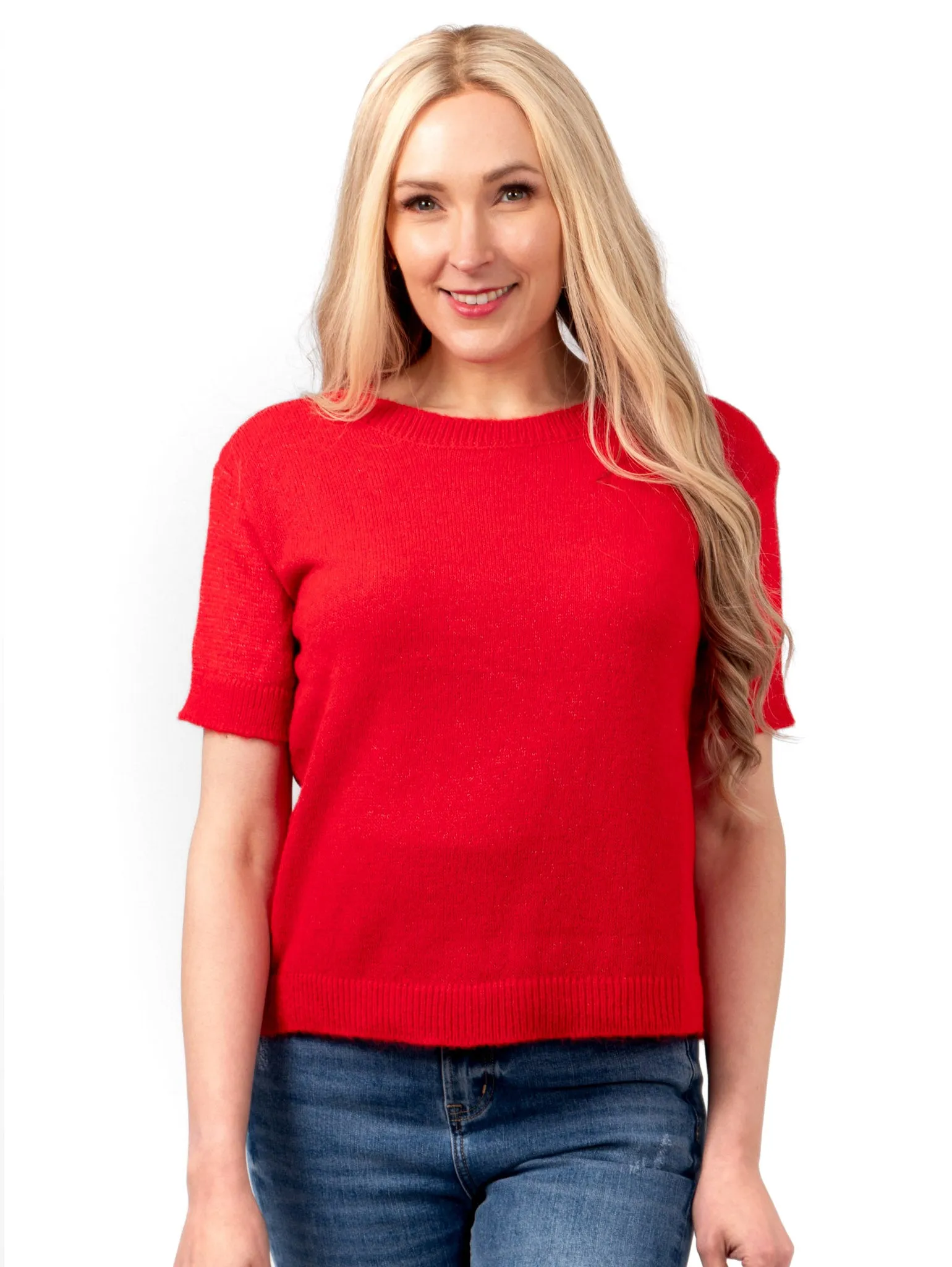 Cece Wool Blend Short Sleeve Box Jumper - Red