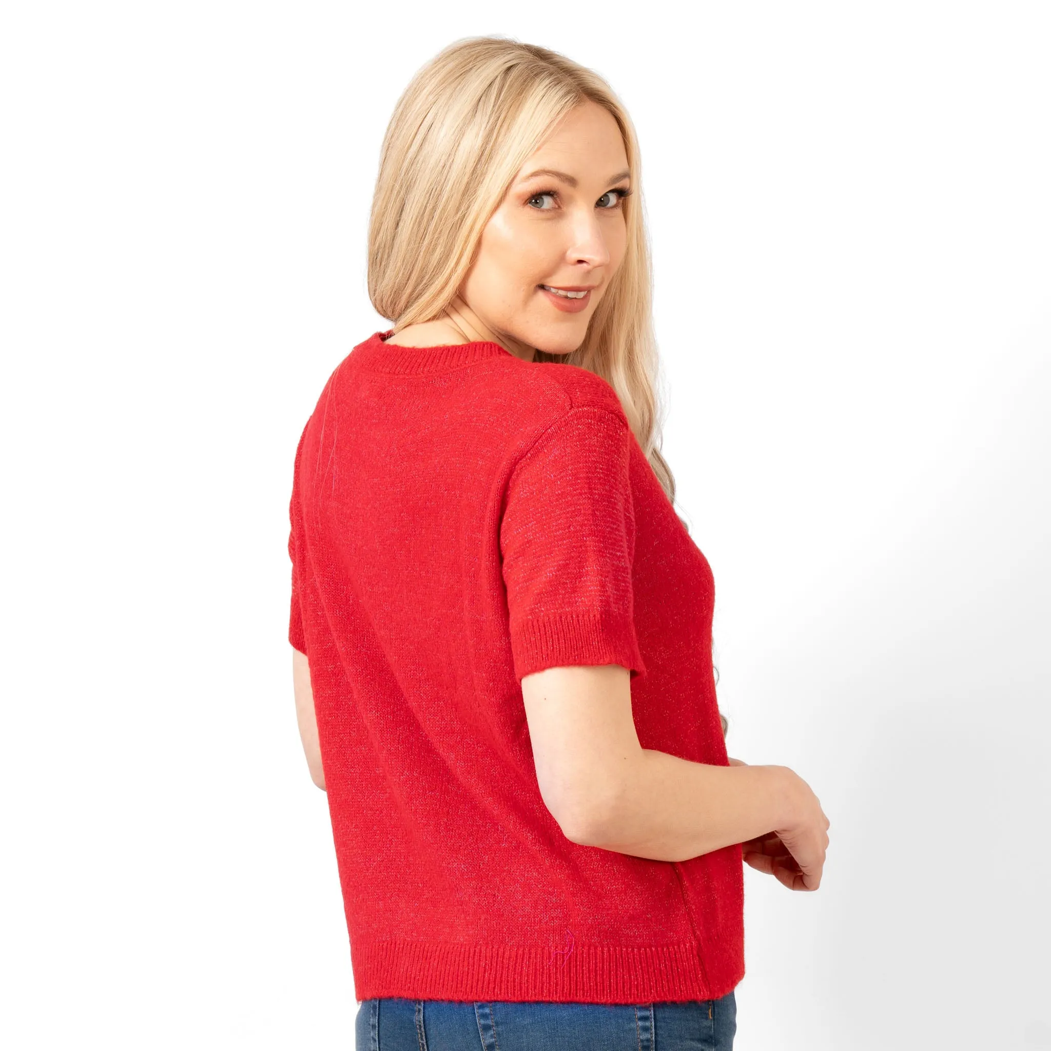 Cece Wool Blend Short Sleeve Box Jumper - Red