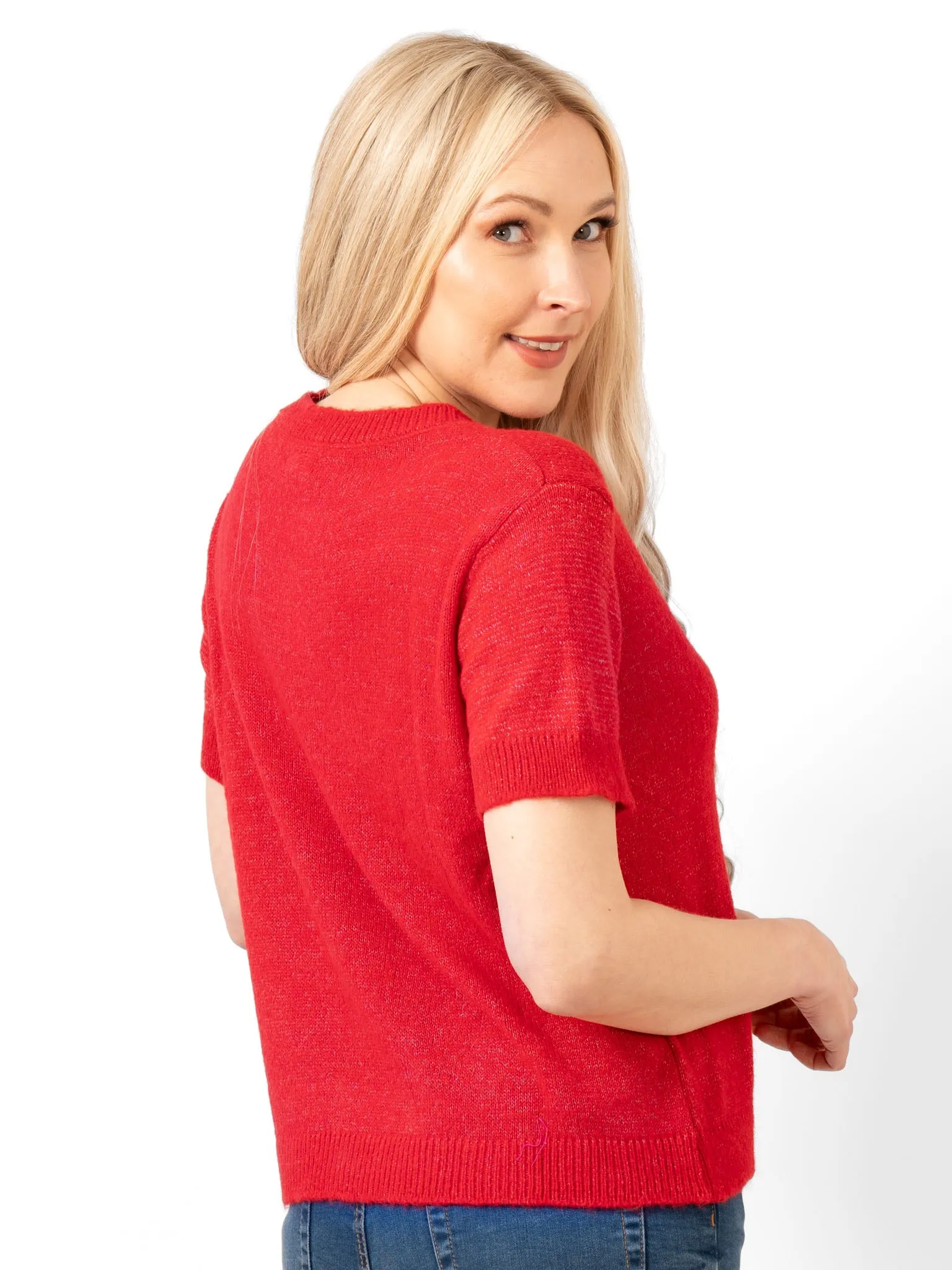 Cece Wool Blend Short Sleeve Box Jumper - Red