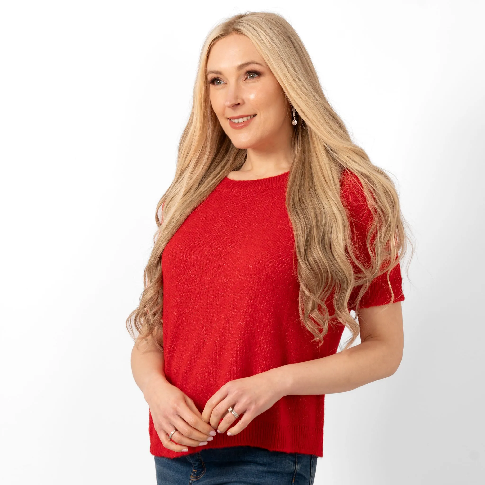 Cece Wool Blend Short Sleeve Box Jumper - Red