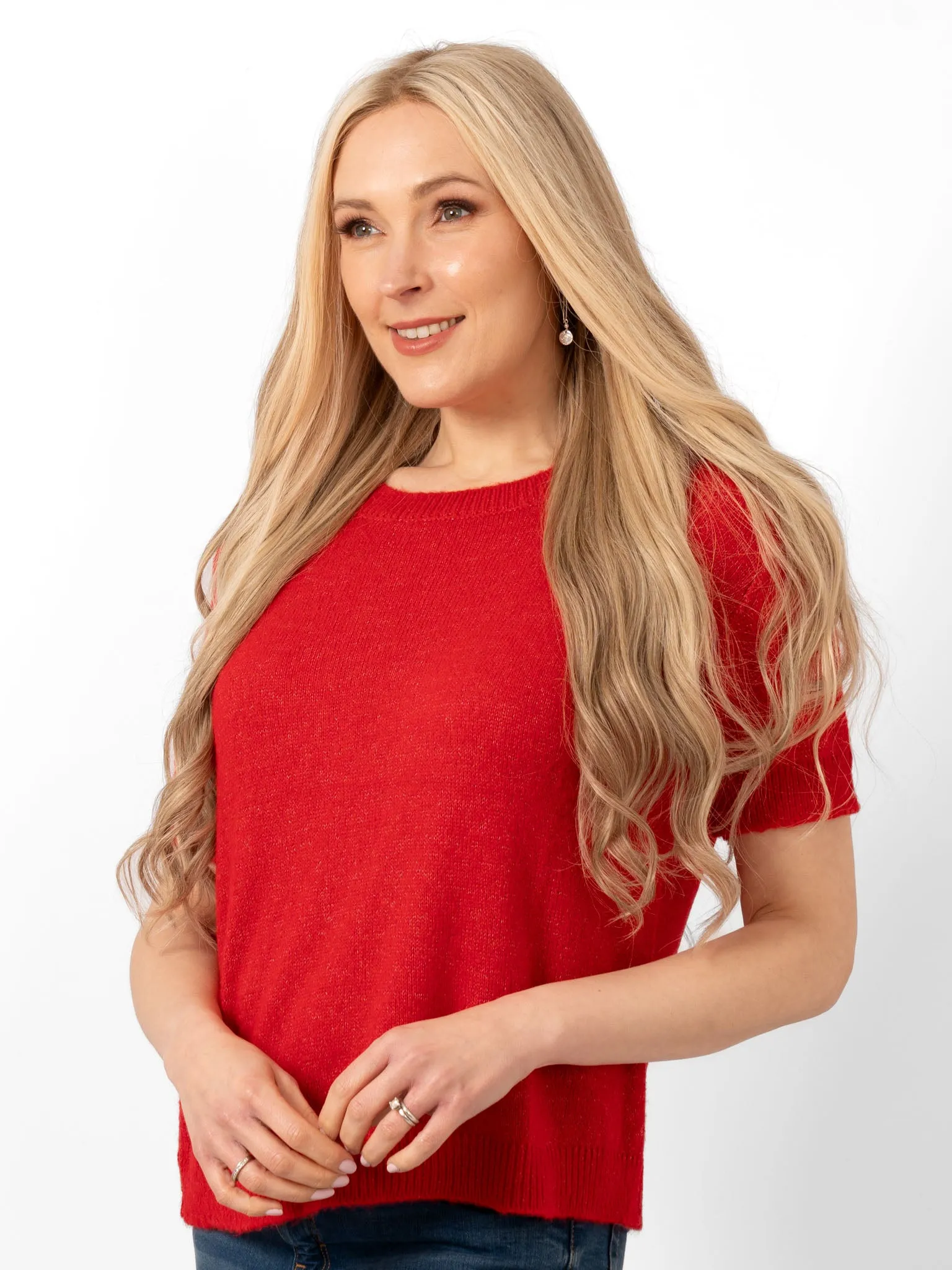 Cece Wool Blend Short Sleeve Box Jumper - Red