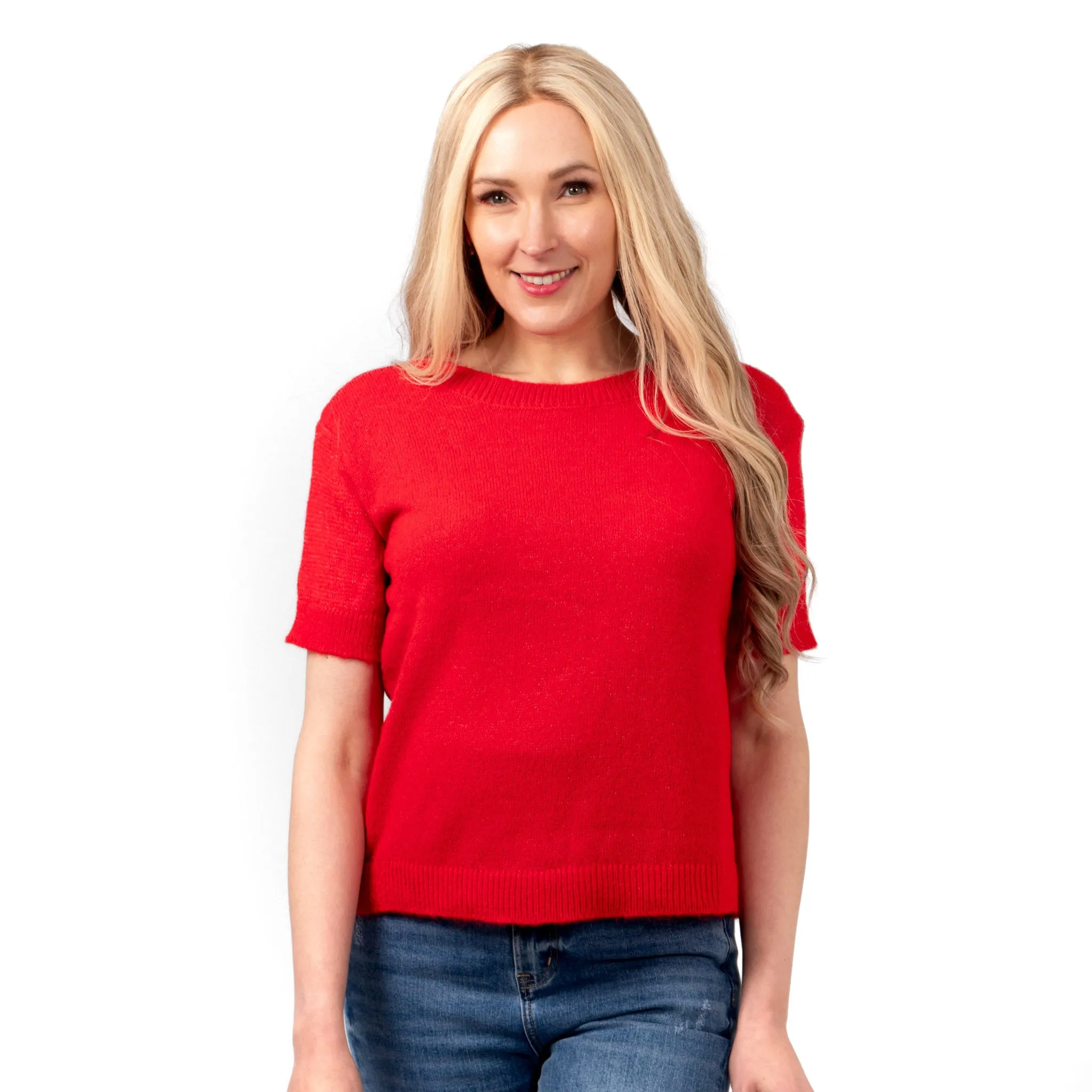 Cece Wool Blend Short Sleeve Box Jumper - Red