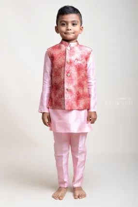 Charming Pink Three Piece Cotton Kurta Set With Designer Overcoat For Boys