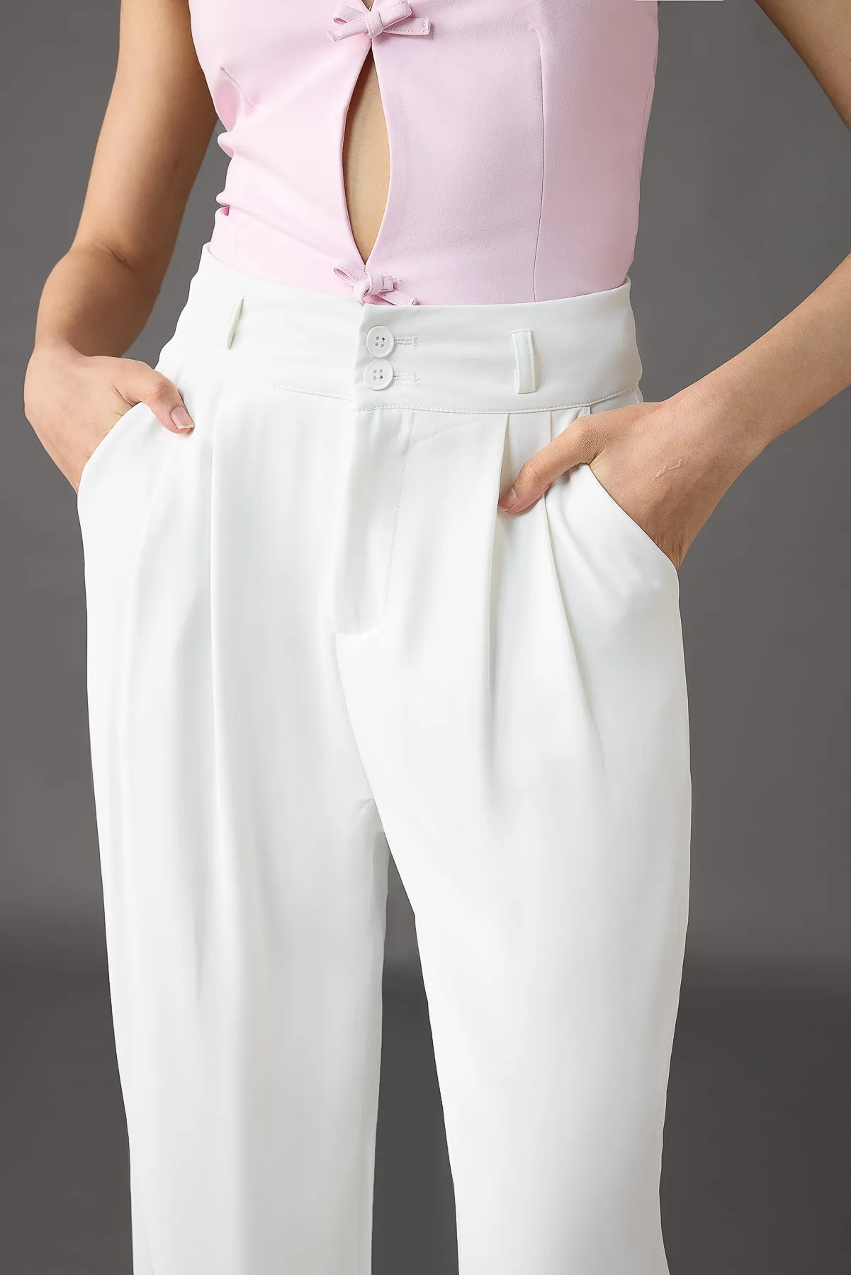 Classic Pleated Wide Leg Korean Pants - White