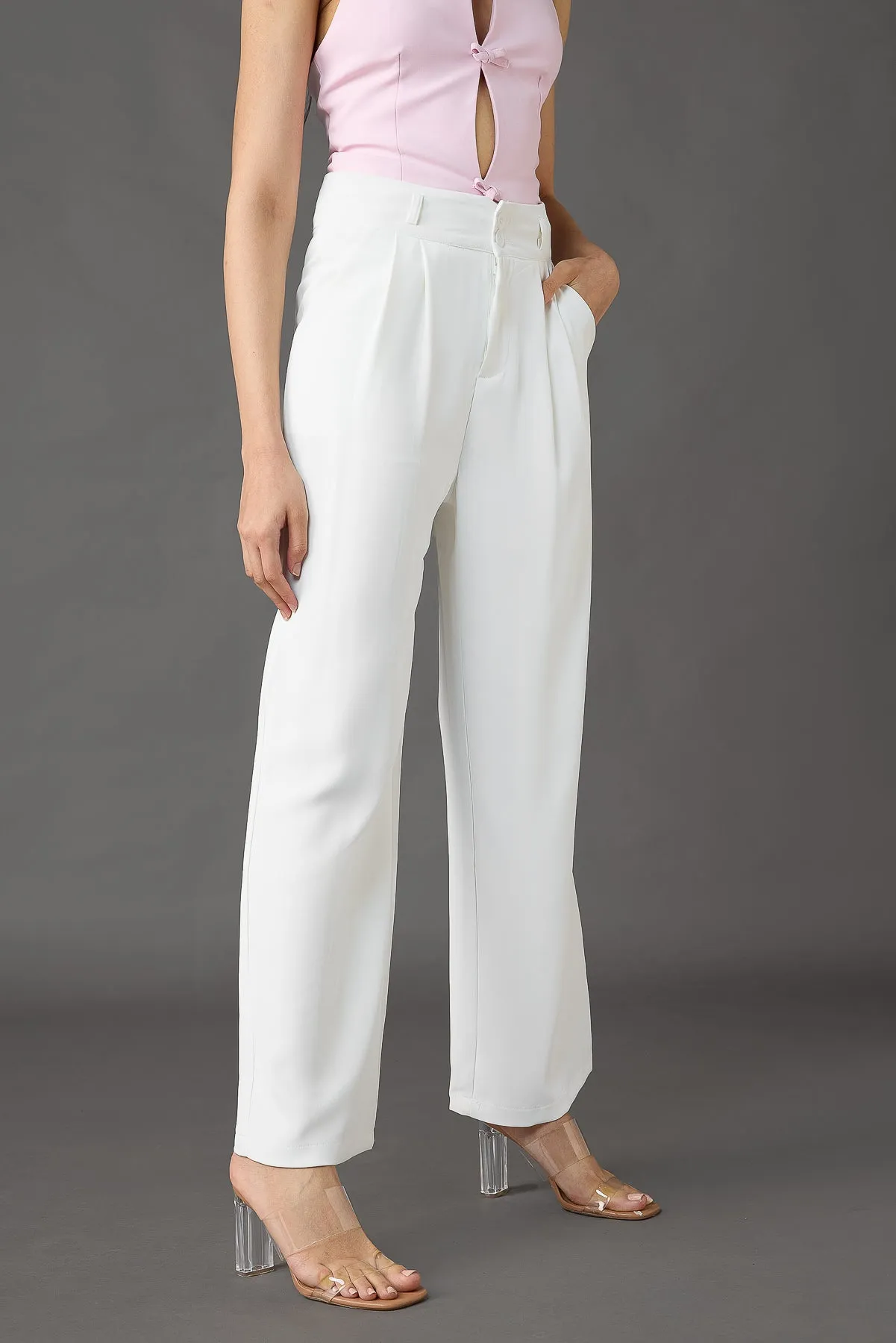 Classic Pleated Wide Leg Korean Pants - White