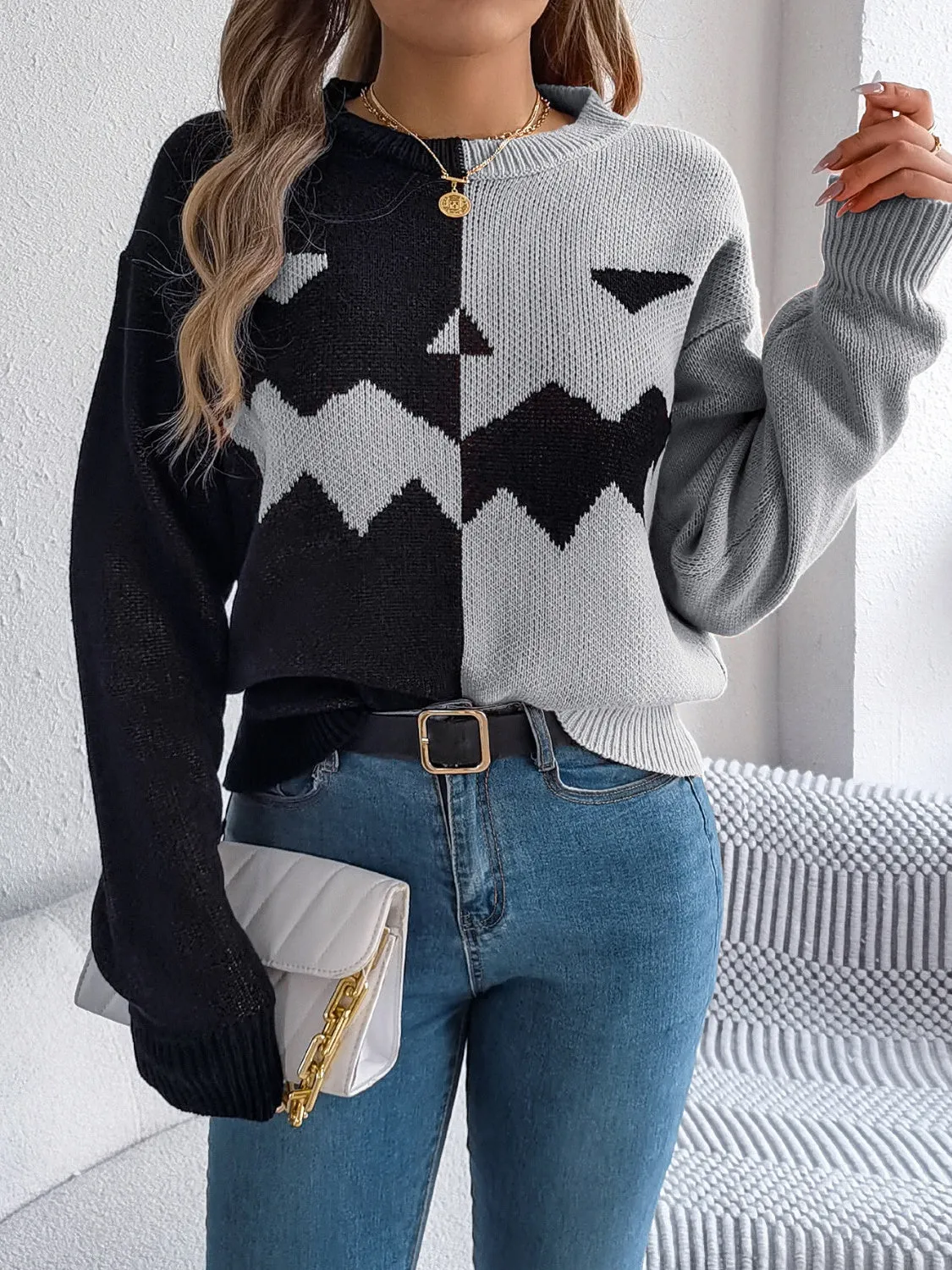 Contrast Round Neck Long Sleeve Sweater