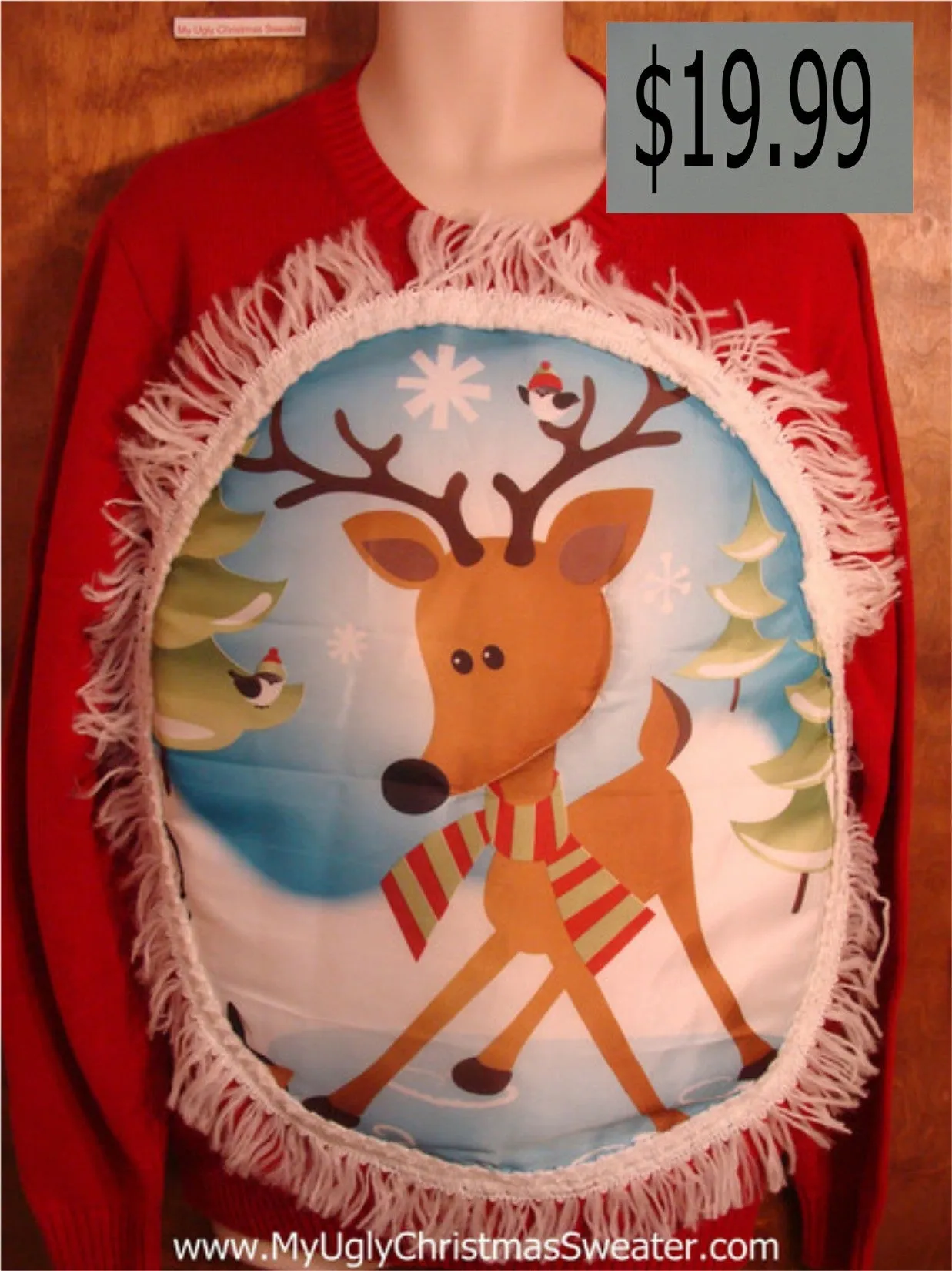 Crewneck Puffy Reindeer Red Christmas Sweater