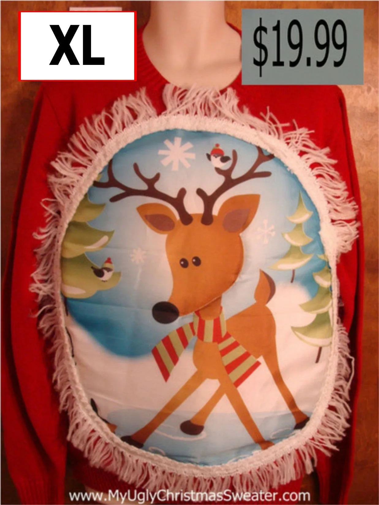 Crewneck Puffy Reindeer Red Christmas Sweater