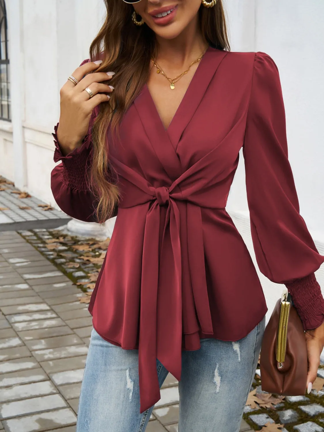 Devine Smocked Surplice Long Sleeve Blouse