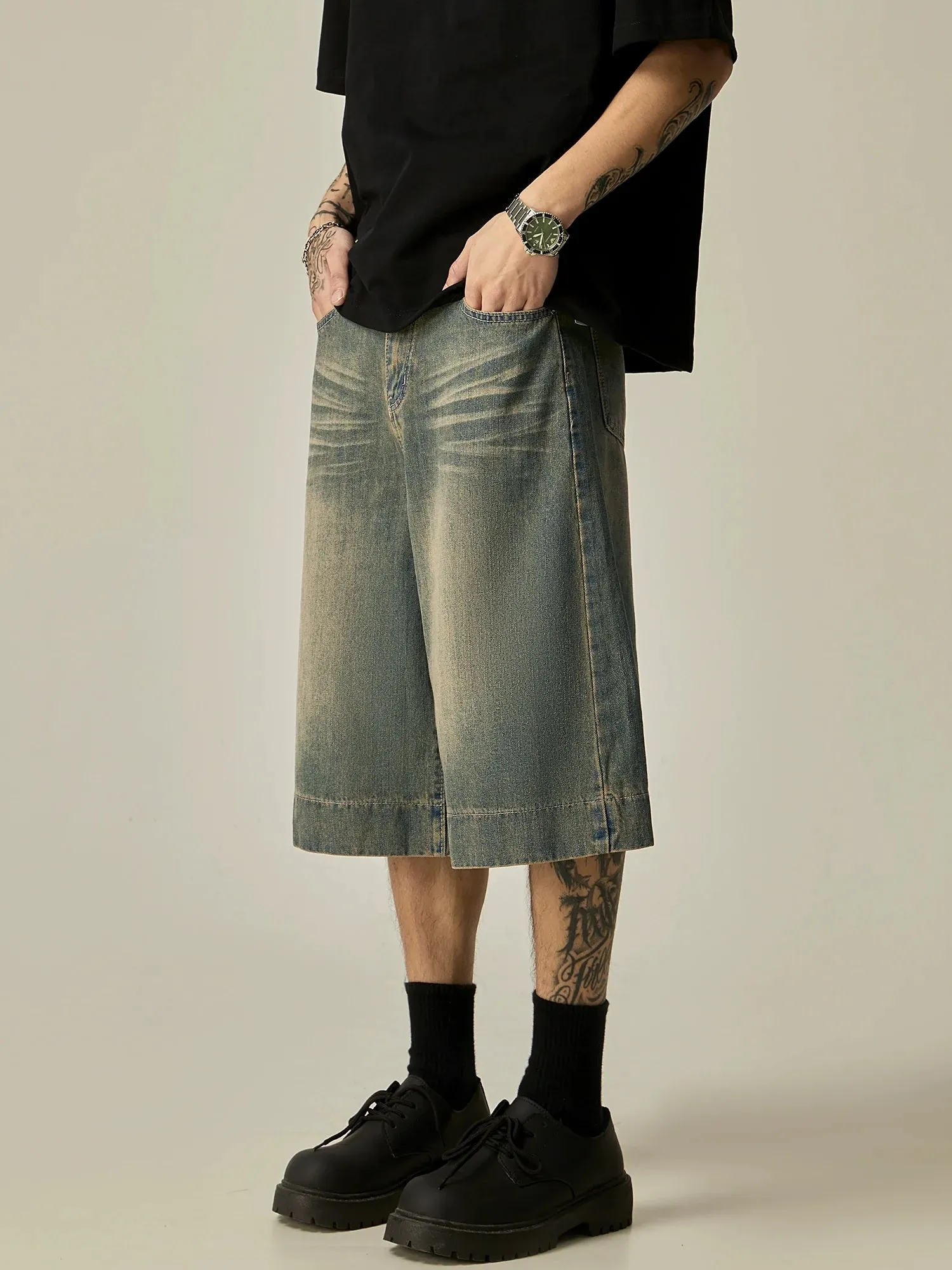 Distressed Wide-Leg Denim Culottes