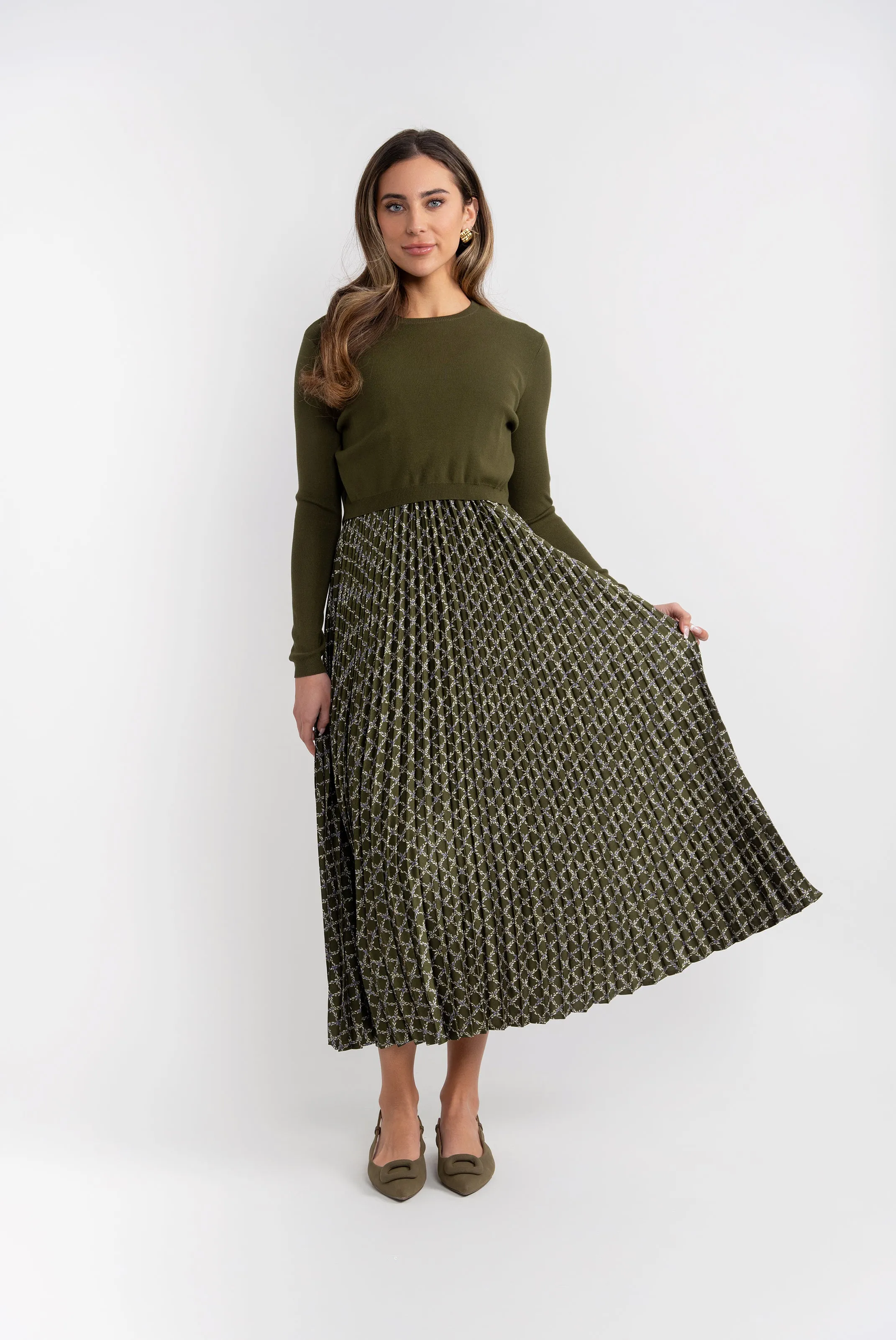 dress pleated satin jumper with knit sweater - olive