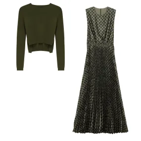 dress pleated satin jumper with knit sweater - olive