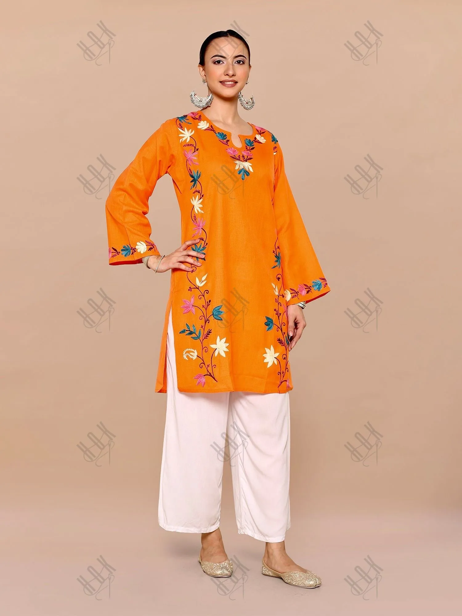 Falak Kashmiri Long Kurta - Orange