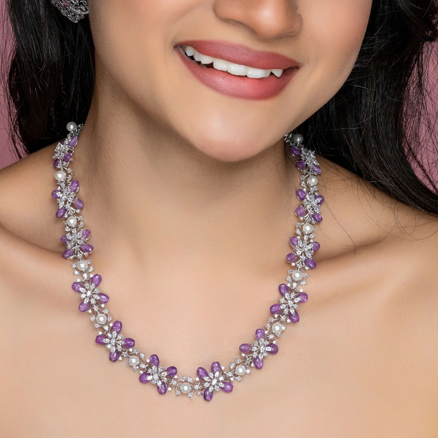 Floral Petal CZ Lavender Beads & Pearl Long Necklace