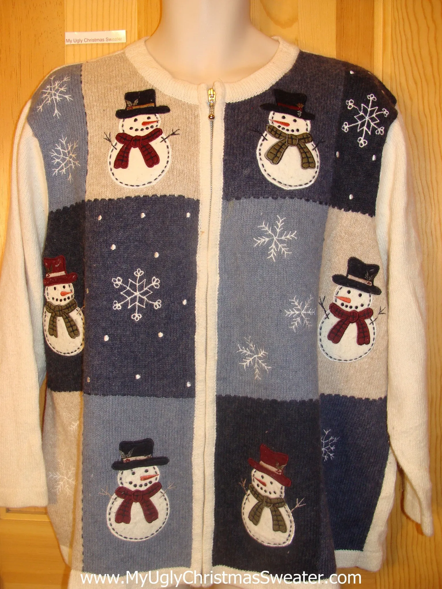 Funny Christmas Sweater with Snowmen and Snowflakes