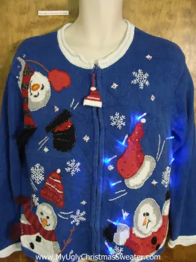 Funny Light Up Ugly Xmas Sweater with Snowmen Losing Their Hats