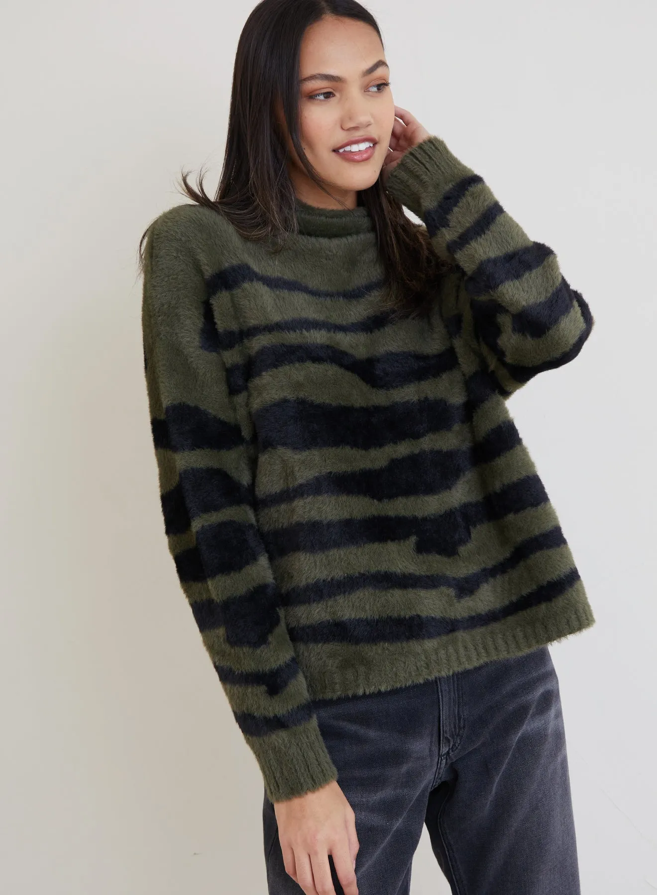 Fuzzy  Mock Neck Sweater - Jasper Green Zebra