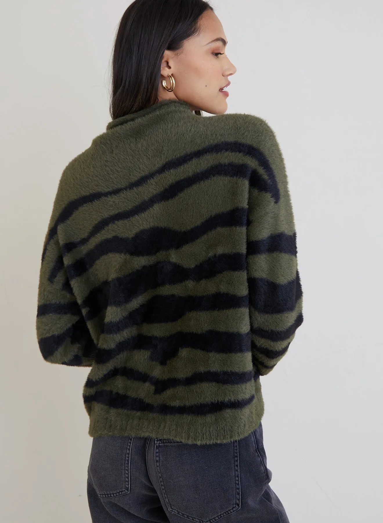 Fuzzy  Mock Neck Sweater - Jasper Green Zebra