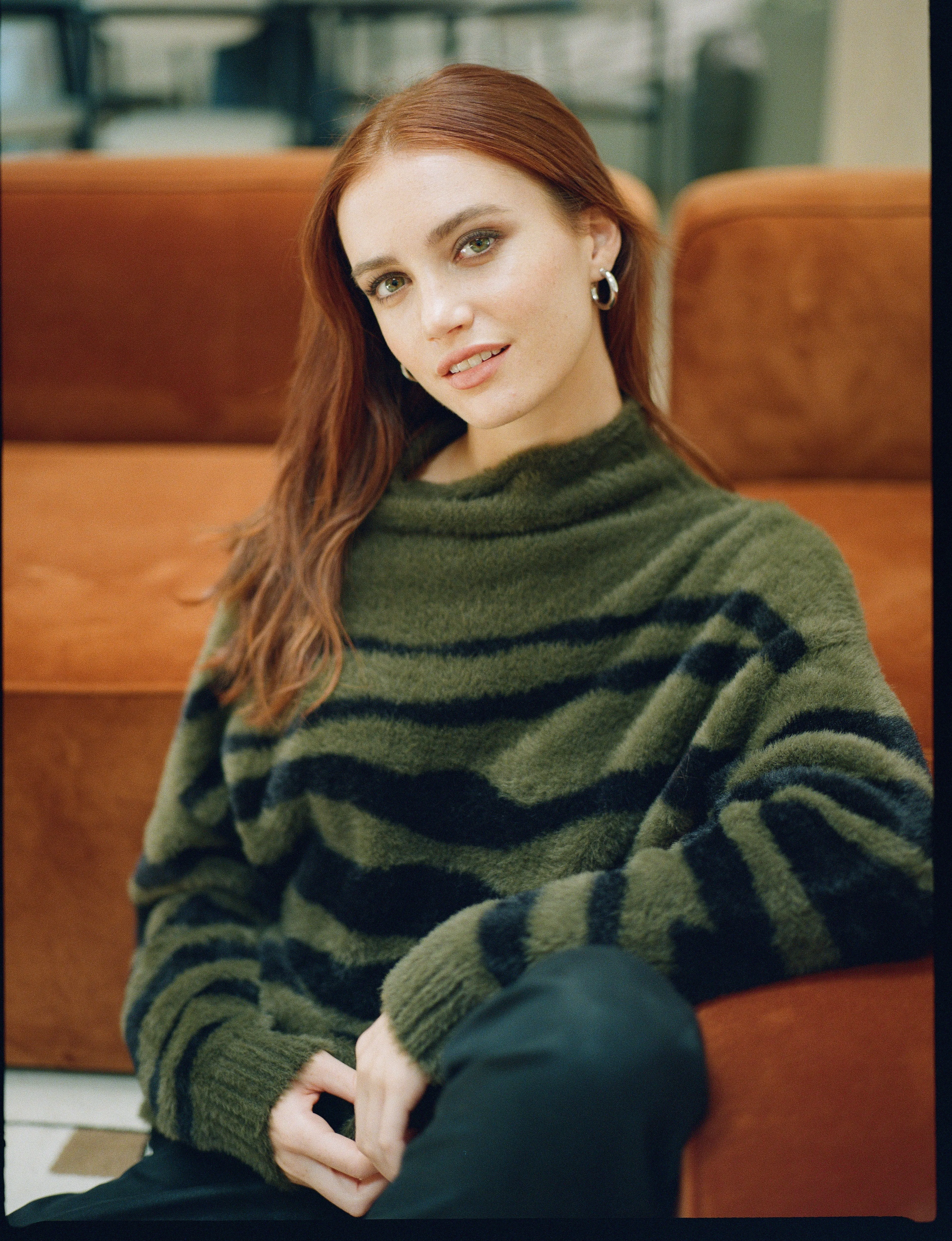 Fuzzy  Mock Neck Sweater - Jasper Green Zebra