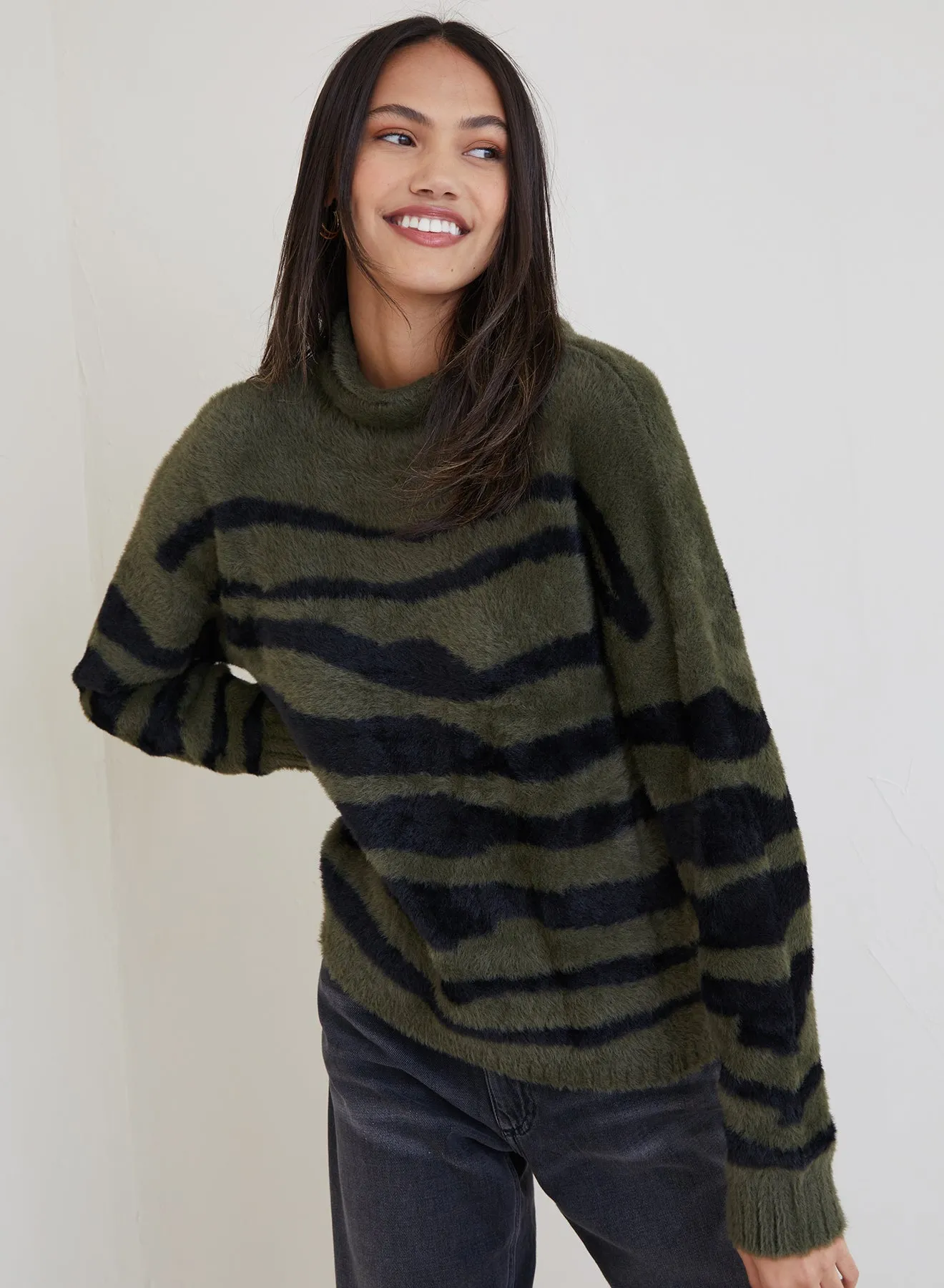 Fuzzy  Mock Neck Sweater - Jasper Green Zebra